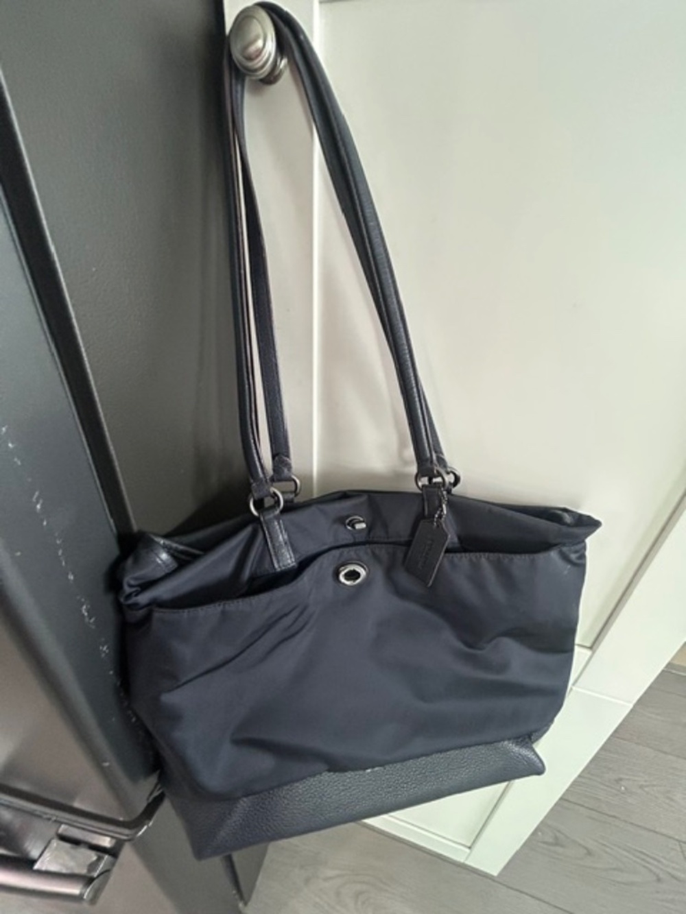 Coach F57903 Navy Nylon Leather Turnlock Tote
